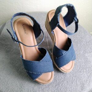 Luoika Blue Denim Espadrille Wedge Platform Sandals Size 11.5 XW Ankle Strap